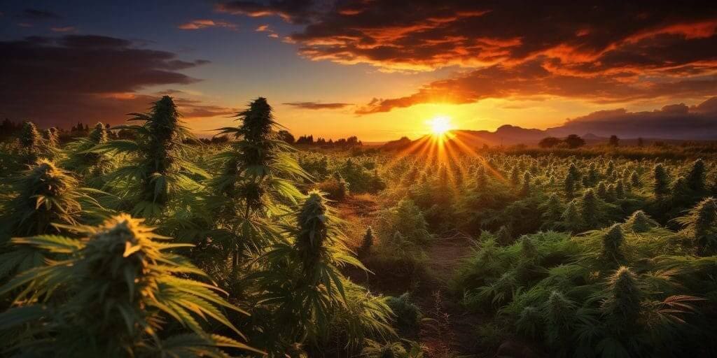 A Sunset Over A Field Of Plants